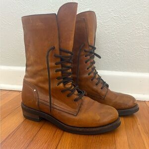 Women's Cognac Leather Combat Boots- Made in ITALY